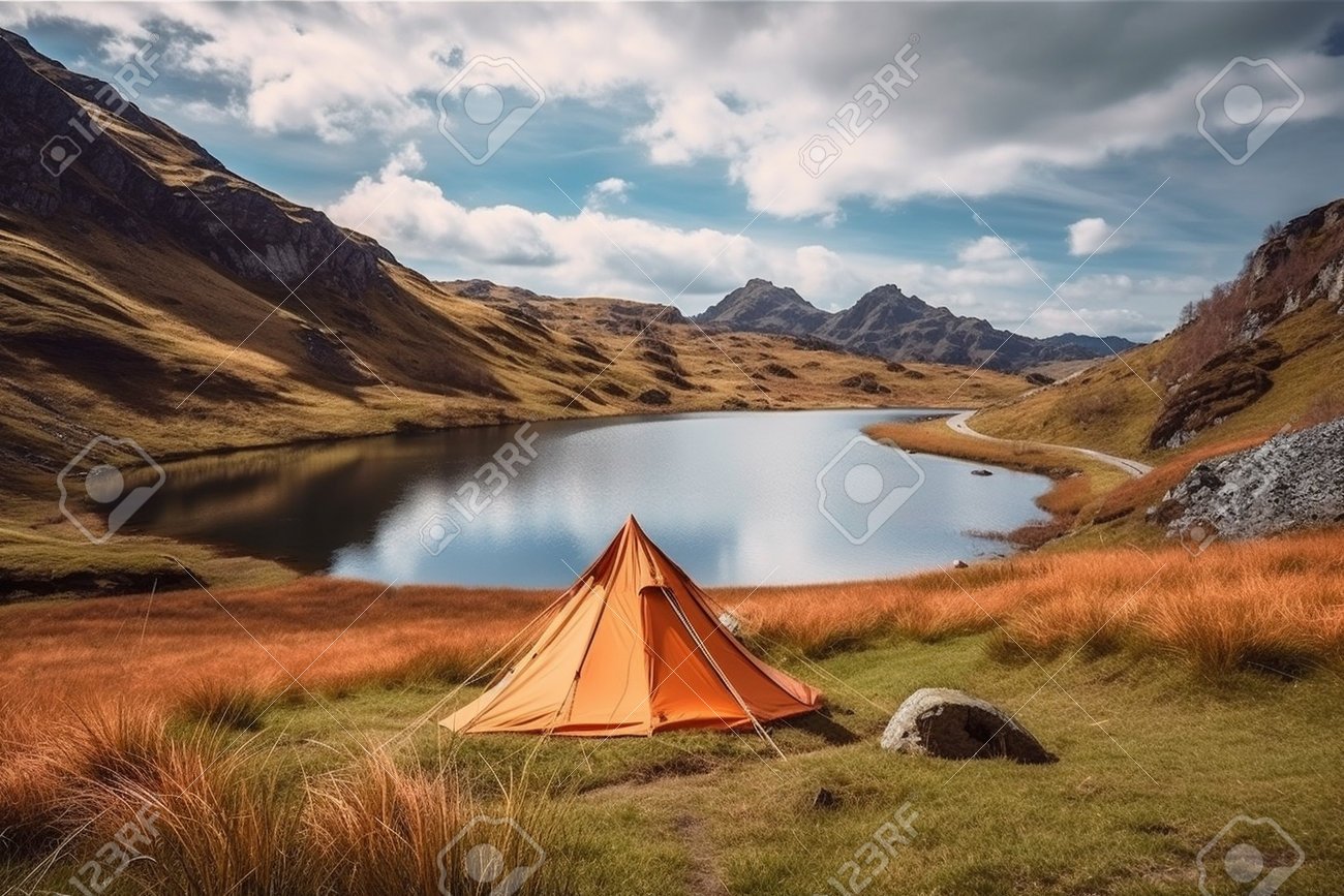 acampando junto a un lago sereno