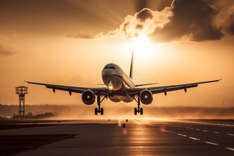 avion despegando al atardecer en aeropuerto 2