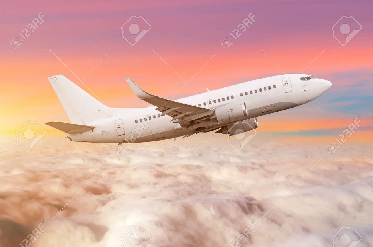 avion volando sobre horizonte al atardecer