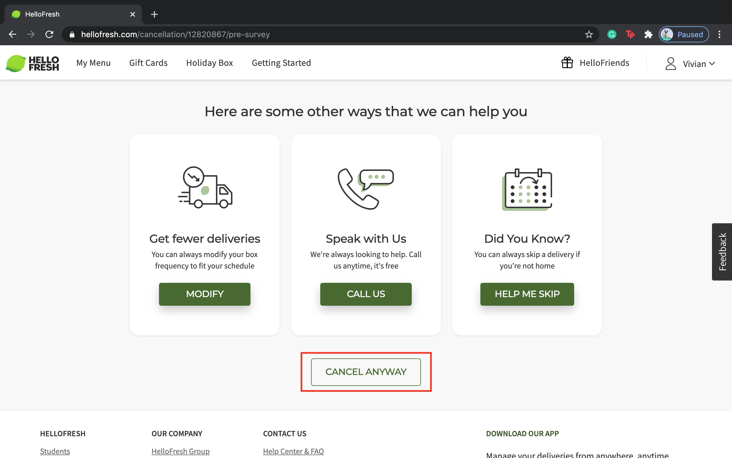 cancelar suscripcion hellofresh paso a paso