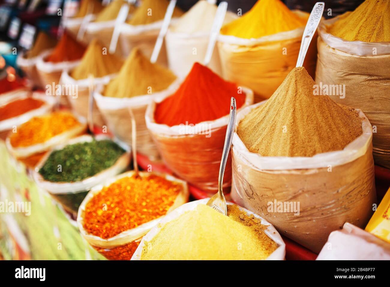 colorful spices in indian grocery store