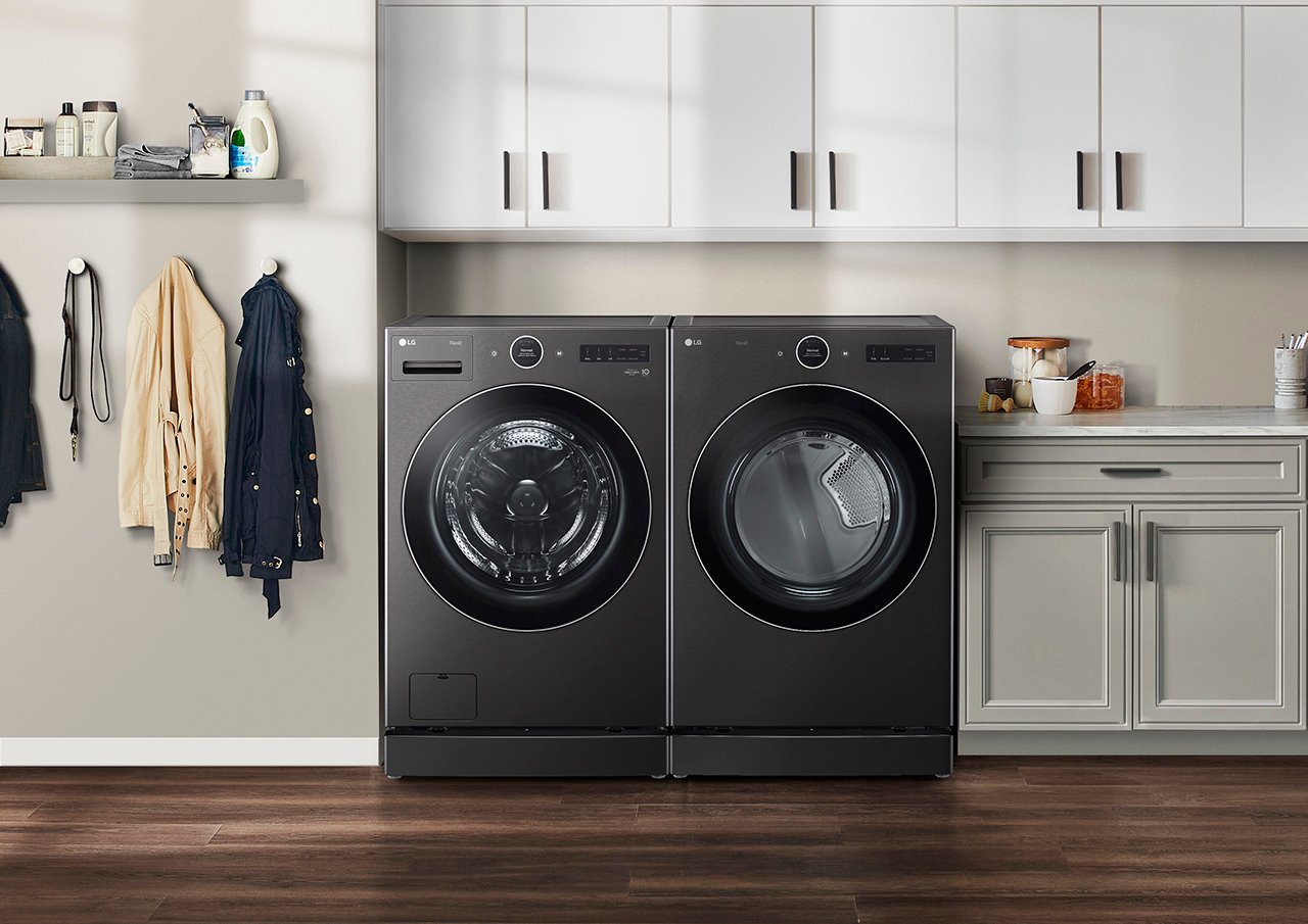 lg washing machine in modern laundry room