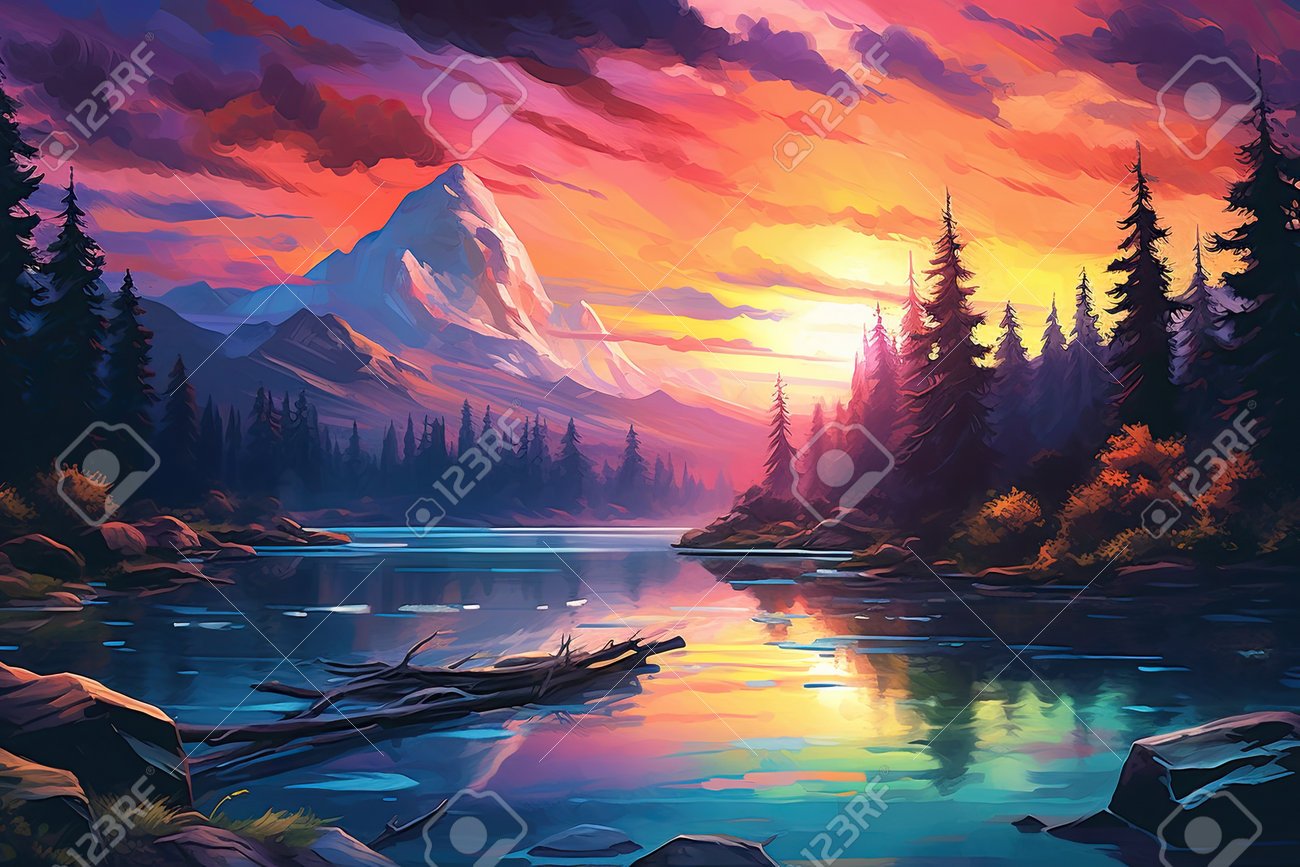 paisaje montanoso al atardecer con colores vibrantes